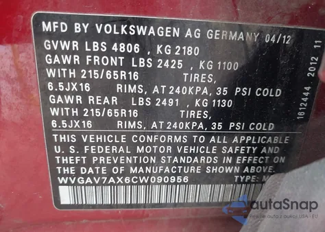 2012 Volkswagen Tiguan S from USA, damaged, VIN WVGAV7AX6CW090956